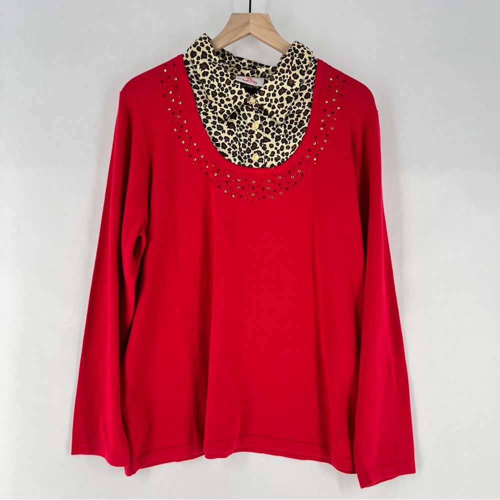 Quaker Factory Embellished Red Knit Sweater Contrasting Satin Leopard Collar XL